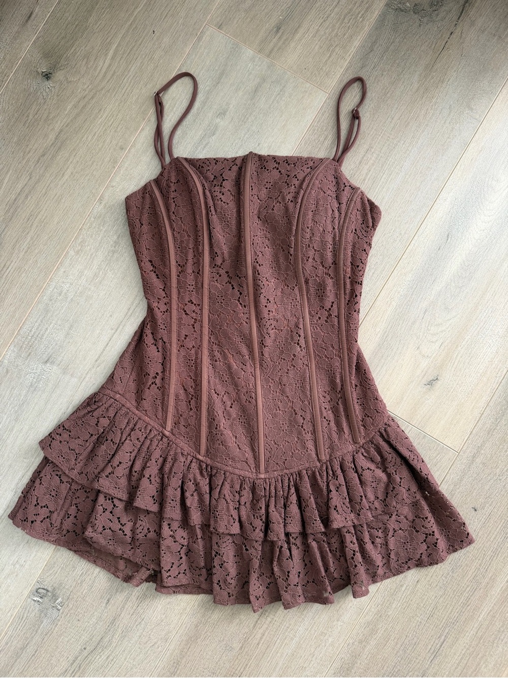 Brown Lace Ruffle Mini Dress - Picture 3 of 9